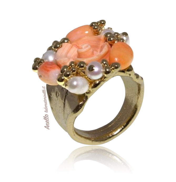 anello-artigianale-rosa-conchiglia-pietre dure-perle-laboratoriodlb